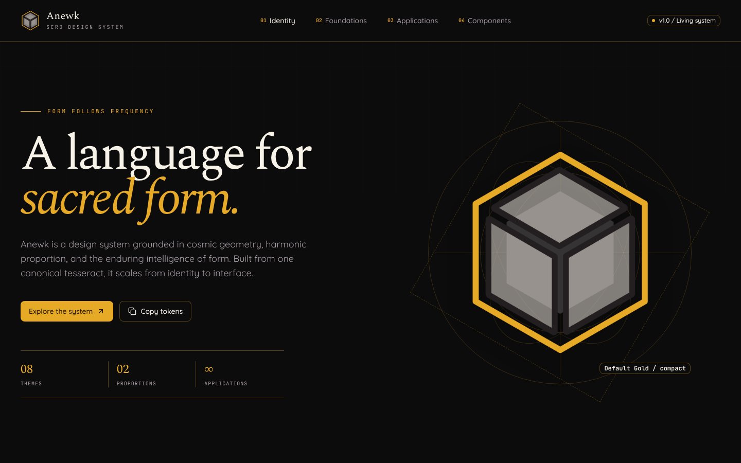 The ANEWK design system at design.anewk.io, showing the gold tesseract mark